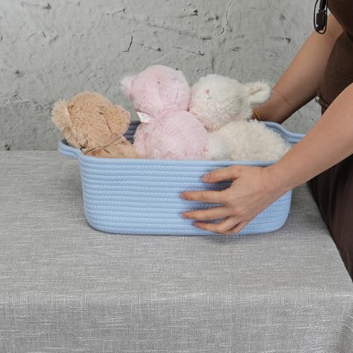 XUANGUO Medium Woven Cotton Rope Storage Basket with Handles, Blue | Small decorative rectangle storage bin for baby nursery items and cat toys; ideal as an empty gift basket or dog toy basket - color: blue