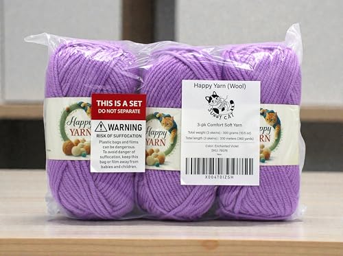 Sunny Cat Happy Yarn 50% Wool Yarn for Knitting & Crochet 3 x 3.5oz/100g, #5 Bulky Weight 3 x 120 Yards Soft Yarn for Sweaters Hats & Scarves Made in Turkey (Enchanted Violet 76076) - color: Enchanted Violet 76076
