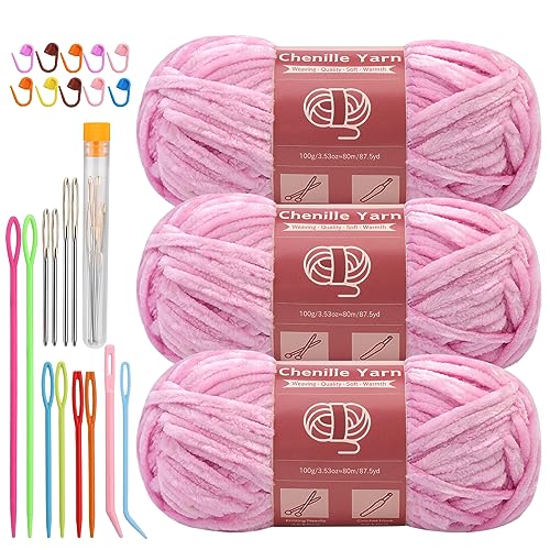 LUNARM Chenille Yarn 3 Pack 3.5oz Chunky Blanket Velvet Yarn 263 Yard | Light Pink Chunky Chenille Yarn for Beginners Crocheting Hand Knitting Scarves with Big Eye Needles Machine Washable - color: Light Pink