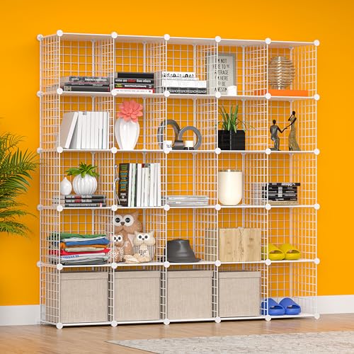 Cube Storage Organizer, Metal 25-Cube Shelves Bookshelf, Portable Closet Clothes Organizer for Bedroom, Home, Office, White - color: White Plus Iron, size: 25 Cubes