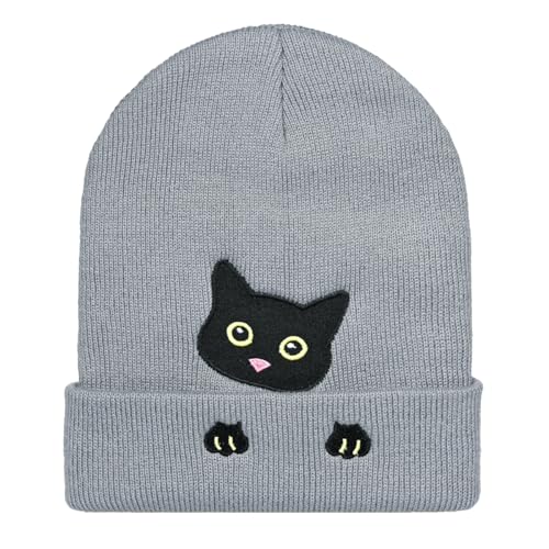 Personality Animal Head Embroidery Knit Beanie Hat for Adult and Big Kids Winter Warm Skull Cuffed Hats - color: Cat-grey