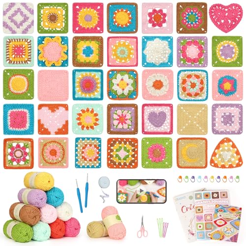 Katech Crochet Kit for Beginners-Crochet Kit for Adults w/Video Tuturials | Granny Square Kit Learn to Crochet 50 Pattern Granny Square Kits Crochets Starter Kits w/Upgraded Yarn-Zero Based Friendly - color: Brown-orange gradient