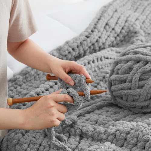 Chenille Chunky Knit Throw Blanket for Couch 40"x50", Light Grey | Handmade Chenille Crochet Throw for Sofa Bed, Thick Cable Knitted Blankets for Room Home Decor, Birthday Gift for Women - color: Light Grey, size: 40"x50"