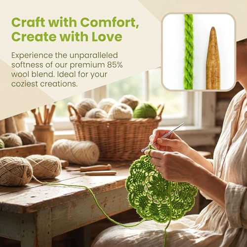 Premium Wool Blend Yarn – 3 Skeins (300g Total), 85% Wool 15% Polyester, for Crocheting&Knitting, Soft Skin-Friendly, Ideal for Scarves, Hats, Blankets & DIY Crafts (15#Moss Green) - color: 15#Moss Green
