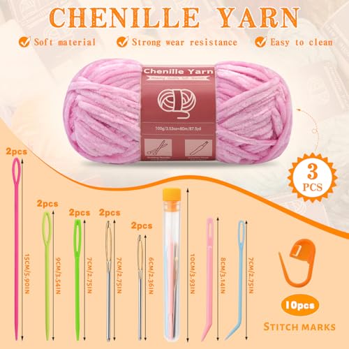 LUNARM Chenille Yarn 3 Pack 3.5oz Chunky Blanket Velvet Yarn 263 Yard | Light Pink Chunky Chenille Yarn for Beginners Crocheting Hand Knitting Scarves with Big Eye Needles Machine Washable - color: Light Pink