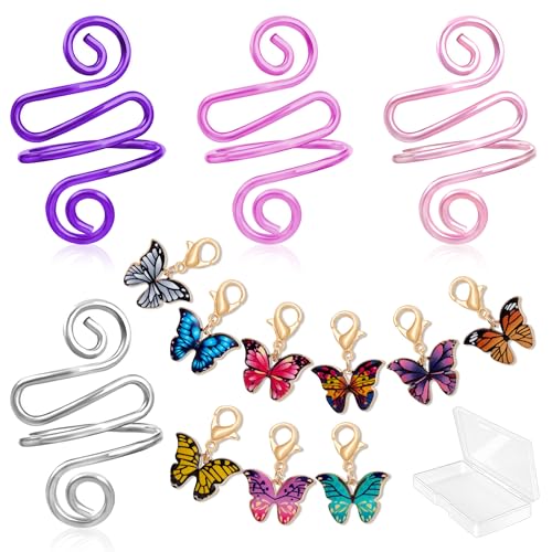 HUISUYTON 4Pcs Handmade Crochet Ring with 10 Pcs Butterfly Stitch Marker | Adjustable Crochet Tension Ring for Finger, Metal Open Yarn Guide Crocheting Loop Ring, Gifts for Crocheters Knitters Mother - color: Multicolored