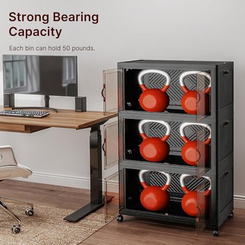 UAMFURI Stackable Storage Bins, 336QT Collapsible Drawers with 1 Lid | Large Capacity, Magnetic Door, Stack Lock, Rolling Wheels, Foldable Design, Organizers and Storage for Bedroom Dorm Garage - color: Dark-112QT, size: 3Pack with 1 top lid