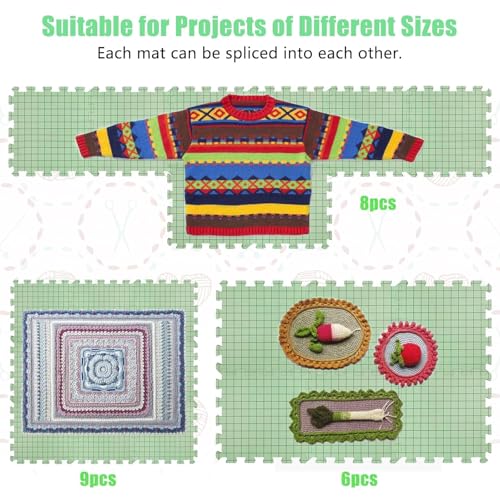 CraftyManor 5 PCS Blocking Mats for Knitting & Crochet Projects, Crochet Blocking Mat with 50 T- Pins, Knitting Board and Pins (Green 5PCS) - color: Green 5PCS-0.36in