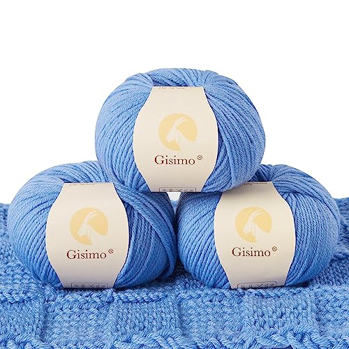 100% Merino Wool Yarn, 6-Ply Luxurious and Soft Yarn for Hand Knitting & Crocheting, 1.76 OZ/50g, 127 yds/116 Meters (Blue, 3 Balls) - color: blue, size: 3 balls
