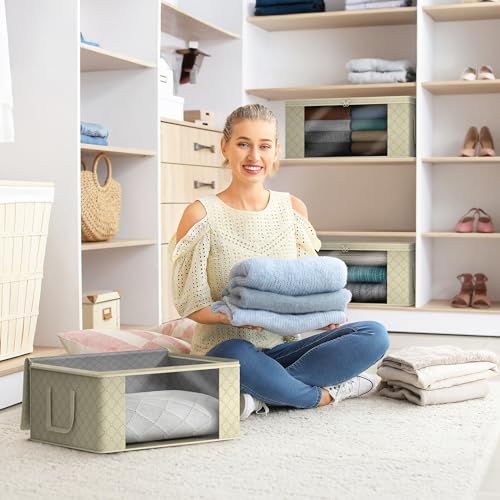Sorbus Medium Clothes Storage Bags - Foldable Blanket Storage Bins for Organizing Bedroom, Closet, Clothing, Comforter, Organization with Clear Window, Lids and Carry Handles - Set of 8 - color: Beige, size: 8 Pack Large