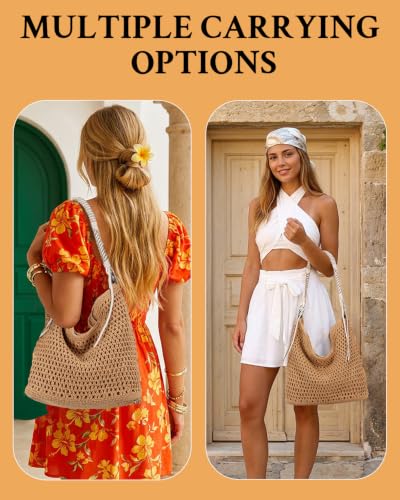 Herald Crochet Beach Hobo Shoulder Purse Tote Bag Handbag for Women | Soft Woven Knit, Bohemian Slouchy Style, Zipper Closure ,Large Capacity, For Daily, Spring Summer Beach Vacation, Travel - color: Brown