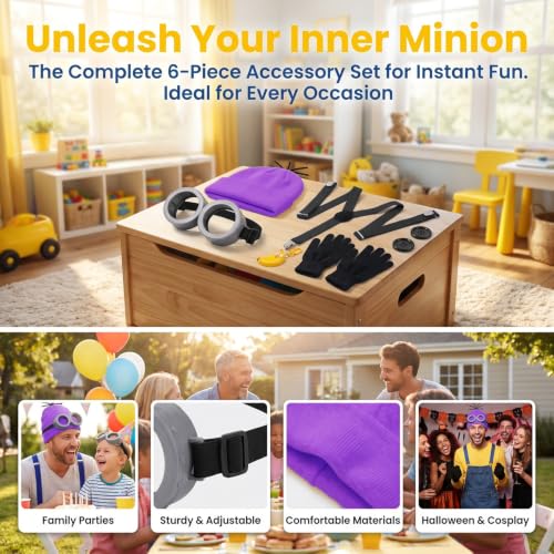 Cartoon Character Costume Accessory Kit Adult Men Women Halloween Costumes | Funny Easy Halloween Costumes Accessories Beanie Hat Goggles Gloves Banana Keychain for Birthday Themed Party Dress Up Set - color: Purple - 6pcs