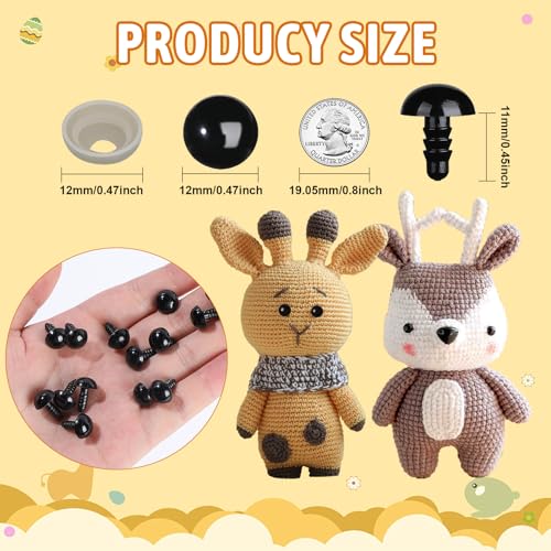 320Pcs 12mm Safety Eyes for Amigurumi Black Craft Doll Eyes | Crochet Animals with WashersStuffed Animal Eyes for Plush Dolls Bear Doll Making Supplies - size: 12mm