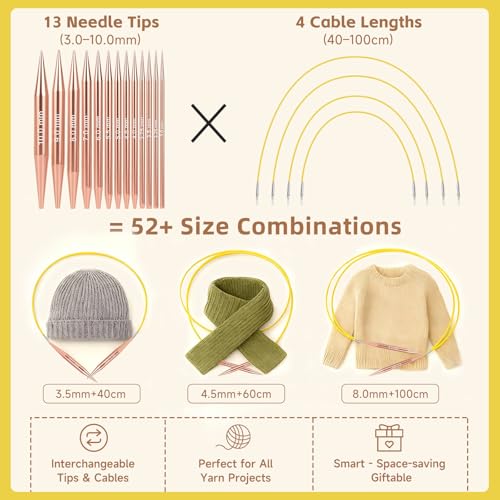 Interchangeable Circular Knitting Needles Set, 13 Pairs (26pcs) Rose Gold Aluminum Knitting Needles Kit, Sizes 3.0mm–10.0mm, Knitting Needle Case & Accessories for Knitting Beginners & Advanced - color: Rose Gold