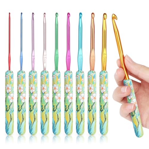 Coopay Warm Crochet Hooks Comfort Grip Longer Aluminum Crochet Hook Set | 9pcs 2.0mm-6.0mm(B-J) Smooth Crochets Needles Set for Crocheting, Green Daisy Soft Handle for Beginners and Arthritic Gifts - color: Green Daisy