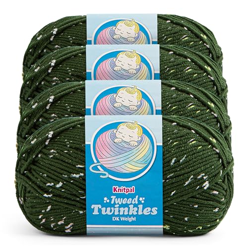 Tweed Twinkles Soft Baby Yarn DK Acrylic 4-Pack (696Yds/400G), Hunter Green | Acrylic Baby Blanket Knitting Yarn with Free Patterns - Size 3 DK Light Worsted Weight Yarn for Crocheting with Flecks - color: Hunter Green, size: Pack of 4