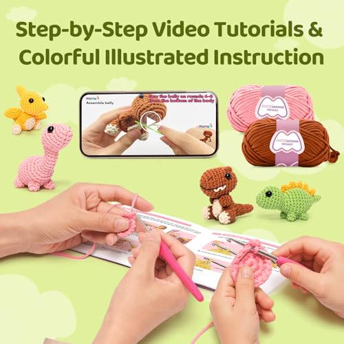 Mewaii Crochet Kit for Beginners, 4 Pack Dinosaur Set Craft Set | 40% Extra Yarn, Video Tutorial, Pre-Started Piece, Beginner Friendly, Family Craft Gift for Adults & Kids - color: Yellow and Pink