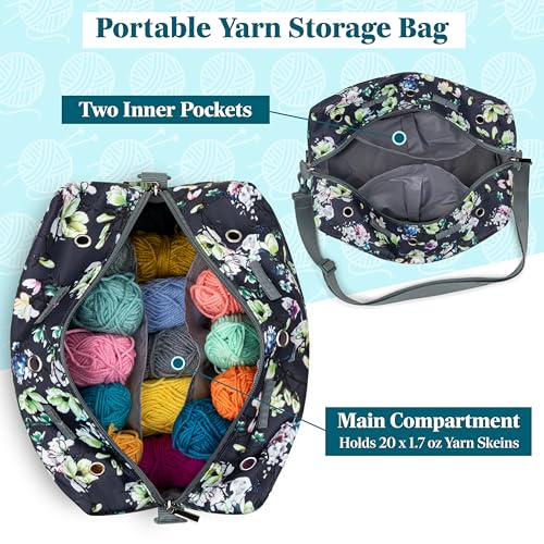 Pavilia Yarn Bag - Knitting & Crochet Bag Organizer, Grey Floral - color: Floral Grey