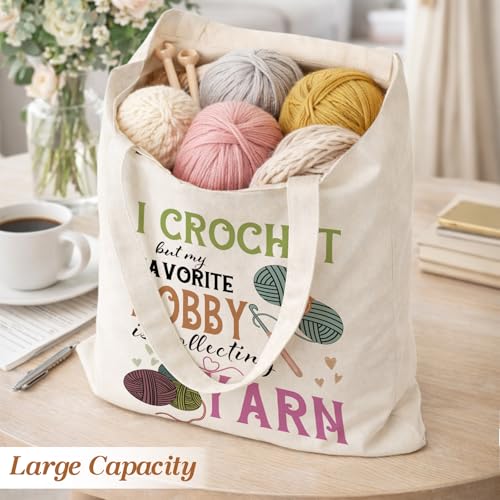 Crochet Yarn Canvas Tote Bag for Women, Funny Knitting Crochet Gifts | Reusable Grocery Shoulder Bag for Crocheters, Knitting Supplies Yarn Bags