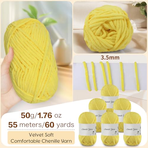 6 Pack of 1.76oz Chenille Yarn for Crocheting,60yards Soft Fluffy Velvet Yarn, Ideal Crochet for DIY Baby Blankets Toys Scarves Throw Pillows Hats Cushions(Yellow) - color: Yellow