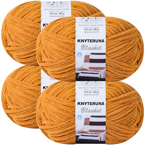 #6 Super Bulky Blanket Yarn for Crocheting - 4 Skeins(Each 10.5oz/300g, 220yds/201m), Chunky Chenille Thick Plush Big Soft Yarn for Crocheting Knitting Blankets, Mustard Yellow - color: Mustard Yellow