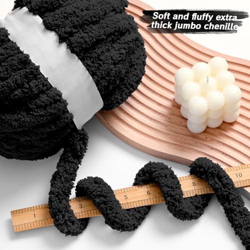 10 Pack Black Fuzzy Chunky Yarn for Hand Knitting, Bulky Thick Fluffy Chenille Yarn for Crocheting, 240yds/70.5oz Jumbo Crochet Yarns, Soft Chunky Knit Blanket Yarn for Crochet - color: 10 Black