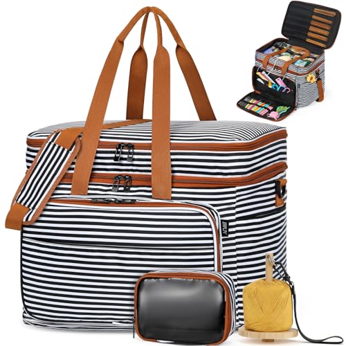 Crochet Organizer Bag with Yarn Holder, Large Yarn Storage for Accessories | 3PCS Crochet Knitting Bag with Accessory Pouch for Hooks, Needles, Travel Tote, Crochet Lovers, Gift for Crafters, No-Tangle - color: Black Stripes