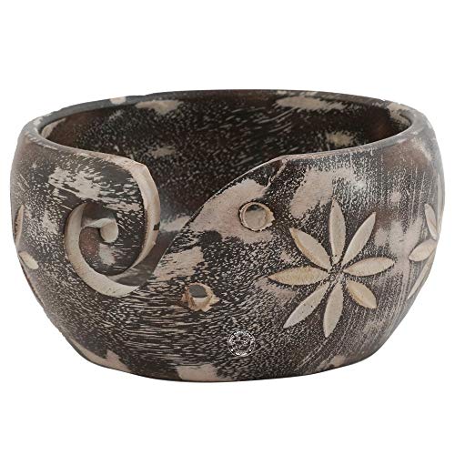 Wooden Yarn Bowl for Crochet & Knitting – Handcrafted Antique Whitewashed Crochet Yarn Holder – No Tangles, Heavy Base Stability – Ideal Gift for Knitters & Crocheters (6" x 6" x 3") - color: Whitewashed, size: 6" x 6" x 3"