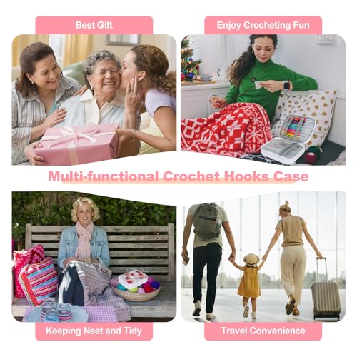 Katech Crochet Hooks Case Empty Zipper Bags Portable Travel Crochet Storage Bag Organizer with Web Pocket and Crochet Holder Slots for Carrying Various Crochets Needles (Pink) | Travel Crochet Storage Bag Organizer with Web Pocket and Crochet Holders Slot