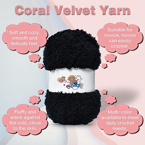 6 PCS Soft Coral Velvet Chenille Yarn for Crocheting,Fluffy Yarn for Knitting and Crochet DIY Craft,Warm Crochet for Bag Hat Scarve Gloves Slippers Dolls(Black) - color: black
