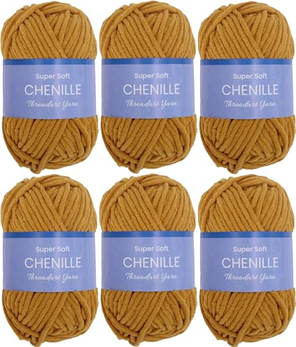 ThreadArt 6 Pack Chenille Yarn for Crochet, #5, Mustard 13 | Super soft plush chenille yarn for crochet, knitting, amigurumi, blankets and toys. Fluffy #5 weight, 50g/60yd skeins. - color: MUSTARD, size: 6 PACK