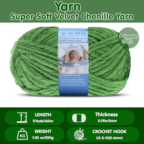 Super Bulky Blanket Yarn for Crocheting - 2 Pack of 200g/7.05oz 174yd/160m Super Soft Chenille Plush Yarn - Bulk Thick Yarns Used for Making Scarves, Baby Blanket, DIY Craft (2, Grass Green) - color: Grass Green
