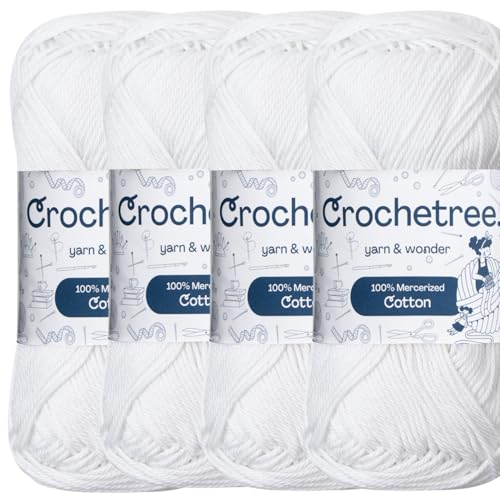 Mercerized Cotton Yarn – Fingering Weight 4-Ply, Each 1.76 oz (50g) / 136 yds (125 m), High-Gloss, Anti-Splitting, Fade-Resistant for Crochet & Knitting, Bright White (Pack of 4) - color: Bright White