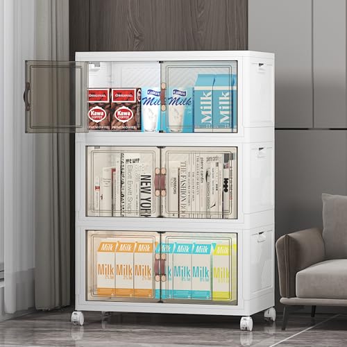 UAMFURI Stackable Storage Bins with Lid, 156QT Plastic Cabinet with Wheels | Large Capacity, Magnetic Door, Stack Lock, Rolling Wheels, Foldable Design, Organizers and Storage for Bedroom Dorm Garage - color: White-52qt, size: 3Pack with 1 top lid