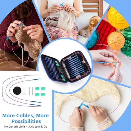 Interchangeable Circular Knitting Needles Set, 13 Pairs (26pcs) Aluminum Knitting Needles Kit, Sizes 3.0mm-10.0mm, Knitting Needle Case & Accessories, for Knitting Projects, Beginners & Advanced - color: Blue