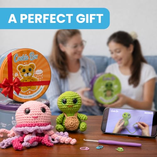 Cookie Box Crochet Kit for Beginners, Leopard Leo | All Materials Included, Step-by-Step Video Tutorials, PDF Patterns, Easy DIY Craft, Amigurumi and Knitting Gift Set - color: Yellow