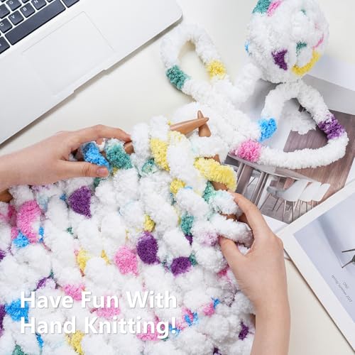 Cozyful Chunky Yarn for Hand Knitting - #10 Chunky Chenille Blanket Yarn, Jumbo Big Thick Chunky Yarns for Crocheting, Tie Dye Bulky Knit Yarns, 8 Skein (20 yds 8 oz Each Skein), Rainbow & White - color: Rainbow & White