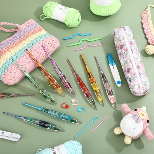 Riceshoot 9 Pcs Crochet Hook Set, 2.0mm-6.0mm Ergonomic Crochet Hooks with Long Floral Handle for Beginners Crocheting Lovers, Includes Storage Bag and Other Accessories - style: Classic