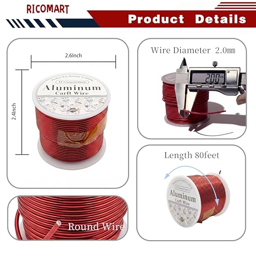 12 Gauge Aluminum Craft Wire Red 80FT 2mm, Jewelry Making, Flexible Bendable Armature Wire for Sculpting, Floral Crafts, Metal Wire Wrapping, DIY Art Projects & Wreath Making - color: Red, size: 12gauge