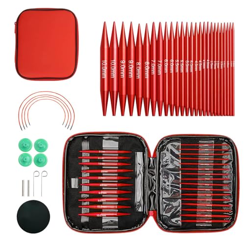 Interchangeable Knitting Needle Set with Circular Cable for Crafters, 13 Circular Knitting Needles with 4 Cables for Beginner, DIY Crafts, 3-10 mm Aluminum Red Needle Set