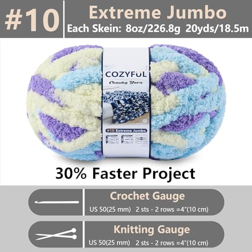Cozyful Chunky Yarn for Hand Knitting - #10 Chunky Chenille Blanket Yarn, Jumbo Big Thick Chunky Yarns for Crocheting, Tie Dye Bulky Knit Yarns, 8 Skein (20 yds 8 oz Each Skein), Purple&Yellow&Blue - color: Purple&Yellow&Blue