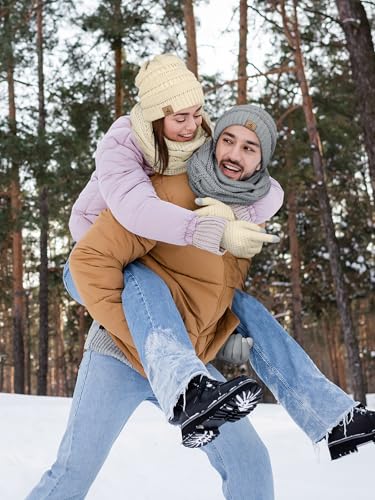 LOROME Winter Beanie Hat Scarf Gloves, Warm Fleece Knit Neck Scarf Set Gift | Hats Gloves Scarf Set, Touchscreen Gloves, Universal Size Neck Scarf Set Winter Gifts for Unisex Adult Winter Wear - color: Beige