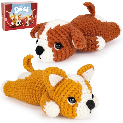 Fortuning's JDS Crochet Kit for Beginners, 2 PCS Corgi Crochet Kits | w/ Step-by-Step Video Tutorials, Beginner Crochet Kit for Adults, Crochet Animal Kit, Dog Knitting Kit Gifts Valentine's Day - color: Brown Yellow Corgi Set