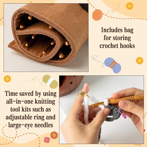 WATINC Wooden Yarn Bowl Holder Set - Large Crochet Yarn Storage Bowls with 9pcs Metal Knitting Hooks, Adjustable Loop Ring Stitch Markers with Box Crochet Gifts for Knitters Crocheters (Dark Brown - color: Dark Brown