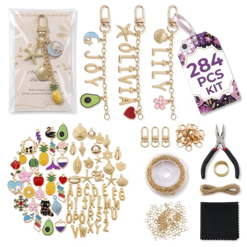 AZZORI Lip Gloss Keychain Making Kit, 284 Pcs, Plier & Ring Opener | Bag Charm Making Kit: 66 Cherry, Heart, Star, Pearl Bow, Fruit Charms, 26 A-Z Letters, Lobster Clasps; Gift-Ready in Zip Bags - color: Keychain Kit - 283 Pcs