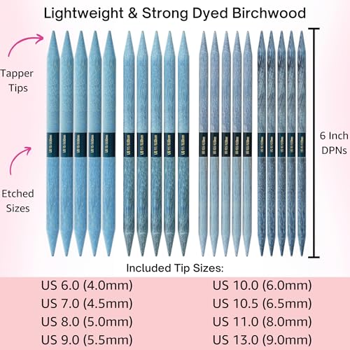 Lykke Indigo Large 6-inch DPN Knitting Needles Set | Large US 6, 7, 8, 9, 10, 10.5, 11, 13 Azure Case, Birchwood Semi-Sharp Tips, Project Bag - color: Indigo-with-Azure-Case