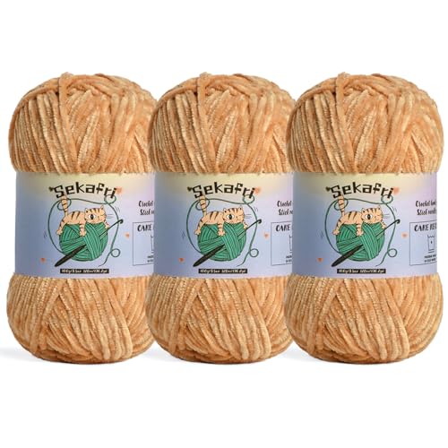 3 Pack of 300g (590yds) Fuzzy Chenille Yarn for Crocheting,Fluffy Amigurumi Crochet Yarn for DIY Craft/Hat/Clothes, Soft Velvet Baby Blanket Yarns（3 Khaki） - color: 3 Khaki