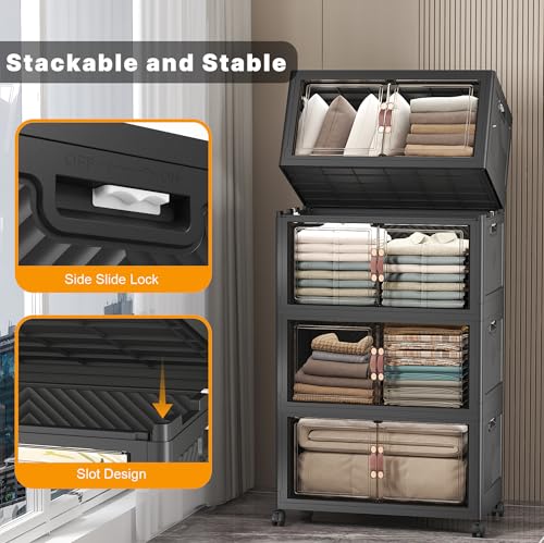 UAMFURI Stackable Storage Bins, 480QT Collapsible Drawers with 1 Lid | Large Capacity, Magnetic Door, Stack Lock, Rolling Wheels, Foldable Design, Organizers and Storage for Bedroom Dorm Garage - color: Dark-112QT, size: 4Pack with 1 top lid