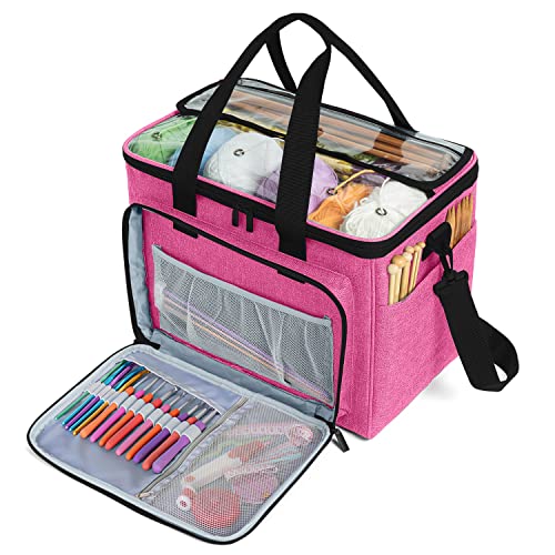 Teamoy Knitting Bag, Yarn Storage Organizer Crochet Bag Tote, Pink | Yarn Holder with Inner Divider(Sewn to Bottom) for Crochet Hook, Knitting Needles(Up to 14"), Project and Crocheting Supplies - color: Pink