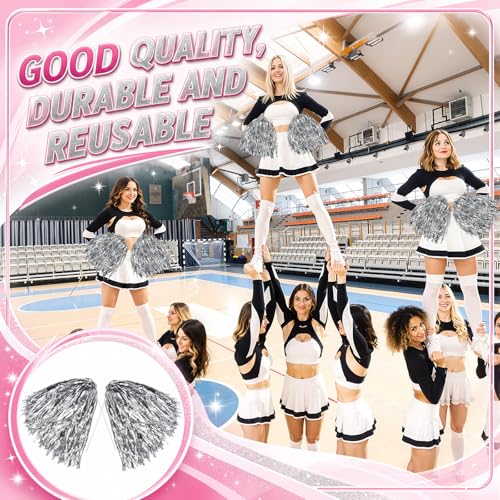 Vinsot 40 Pcs Cheerleading Pom Poms Bulk, Metallic Foil School Spirit Shakers Cheer Pom Poms with Plastic Long Handle for Soccer Basketball Sport Dance Team Squads Fan Celebration - color: Silver
